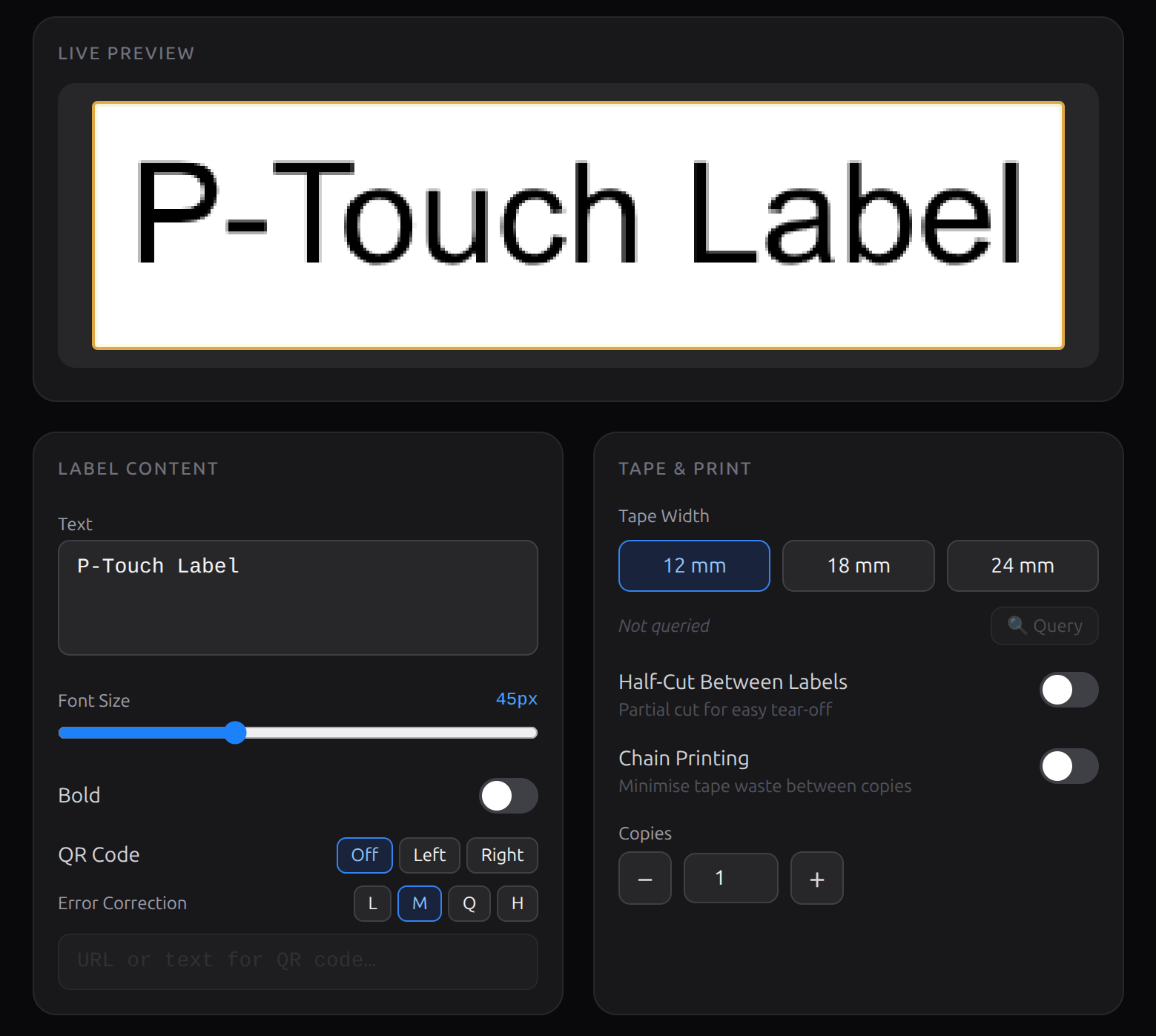 ptouch-webapp running in the browser – dark mode label designer with live preview canvas