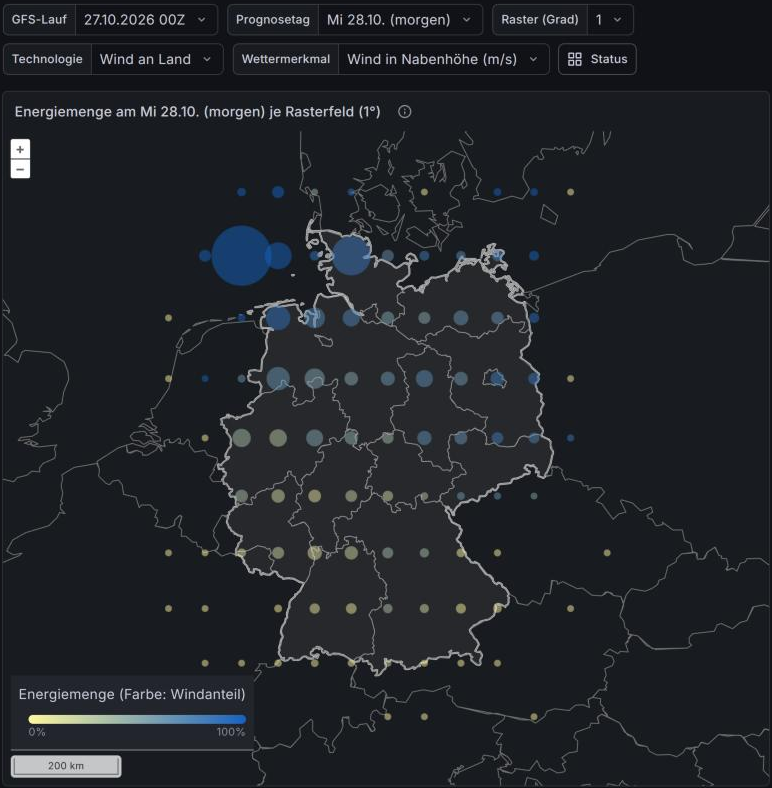 Grafana map dashboard: expected energy per 1° grid cell for 28 October 2026 from the GFS 00Z run, circle size = energy, colour = wind share