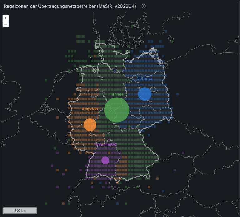 Grafana map dashboard: 0.25° cells coloured by the TSO control area with the most installed capacity, circles at each zone's centre of capacity